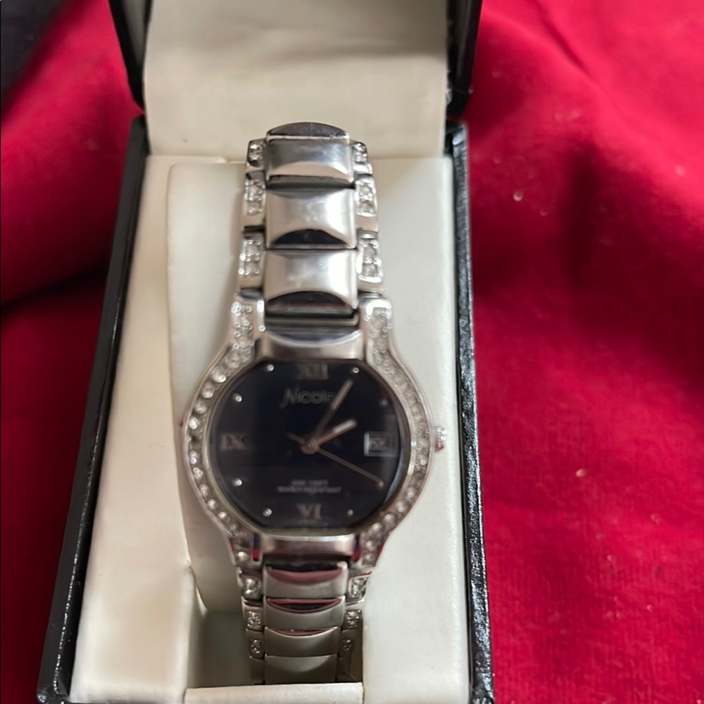 Nicole Silver and Black Watch with Crystal Accents